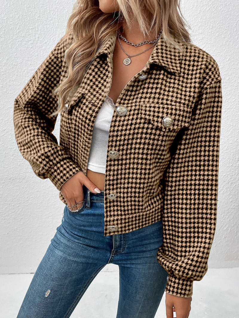 Collared Single Breasted Houndstooth Jacquard Jacket Office Coat