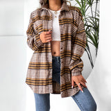 Women Clothing Plaid Shirt Collared Bat Sleeve Coat