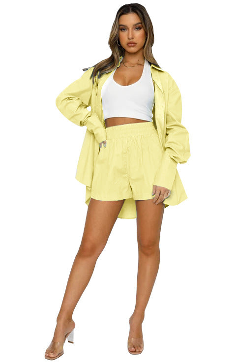 Solid Color Casual Loose Lapel Long Sleeves Shirt High Waist Shorts Two-Piece Set