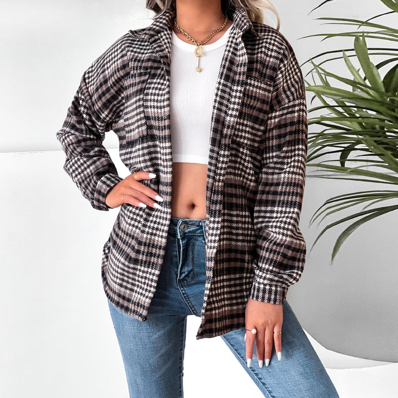 Women Clothing Plaid Shirt Collared Bat Sleeve Coat