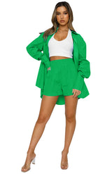 Solid Color Casual Loose Lapel Long Sleeves Shirt High Waist Shorts Two-Piece Set