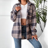 Women Clothing Plaid Shirt Collared Bat Sleeve Coat