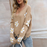 Ripped Long Sleeves Loose Sweater Little Floral V-neck Pullover Sweater