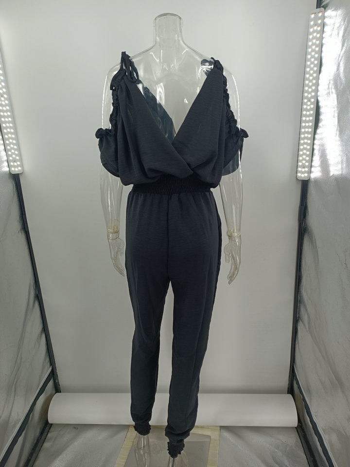 Women Trousers V neck Pocket Jumpsuit Elastic Waist Casual Pants