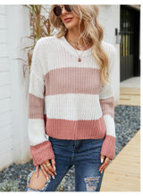 Loose Wear Leisure Pullover Sweater Striped Color Contrast Short Sweater