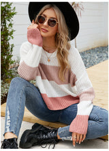 Loose Wear Leisure Pullover Sweater Striped Color Contrast Short Sweater