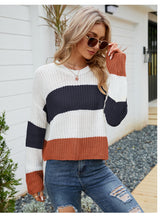 Loose Wear Leisure Pullover Sweater Striped Color Contrast Short Sweater