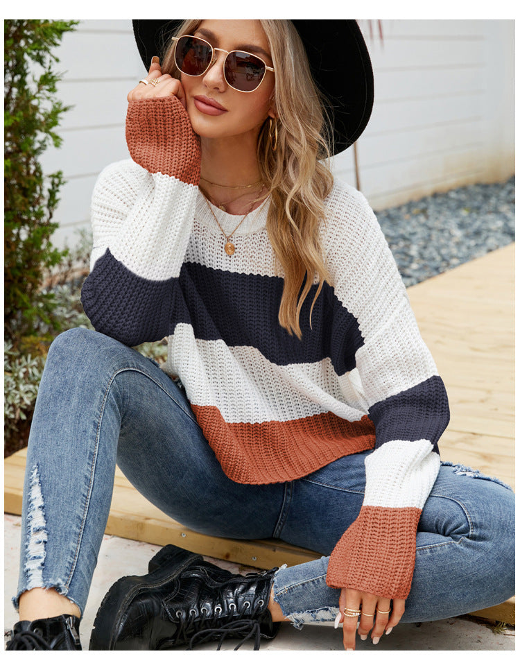 Loose Wear Leisure Pullover Sweater Striped Color Contrast Short Sweater