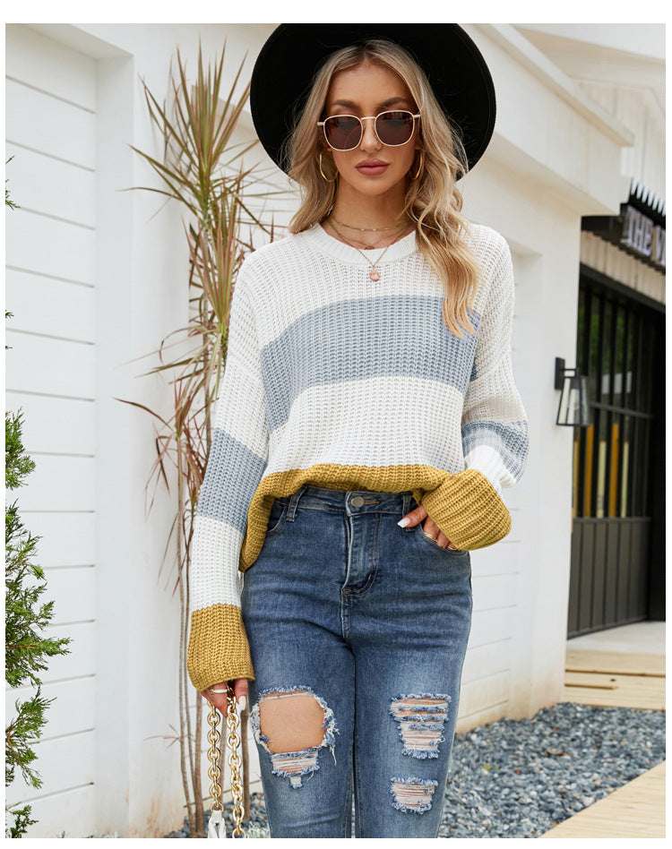 Loose Wear Leisure Pullover Sweater Striped Color Contrast Short Sweater