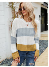 Loose Wear Leisure Pullover Sweater Striped Color Contrast Short Sweater