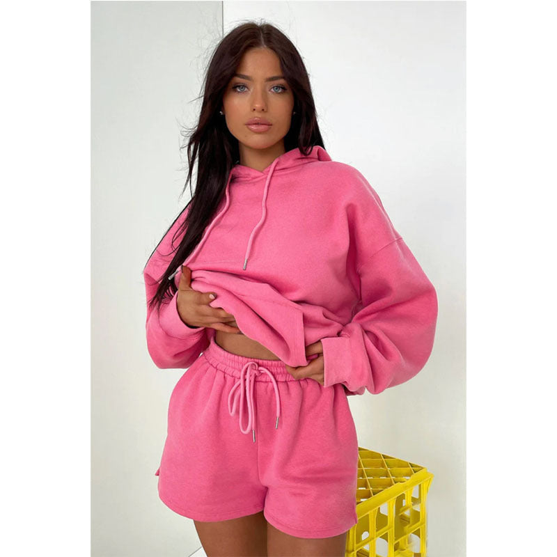 Pure Color Thickened Fleece Lined Hooded Long Sleeve Sweater Women Casual Shorts Suit