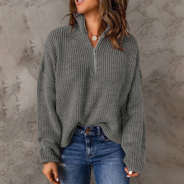 Half Open Collar Long Sleeved Top Solid Color Loose High Collar Sunken Stripe Pullover Sweater for Women