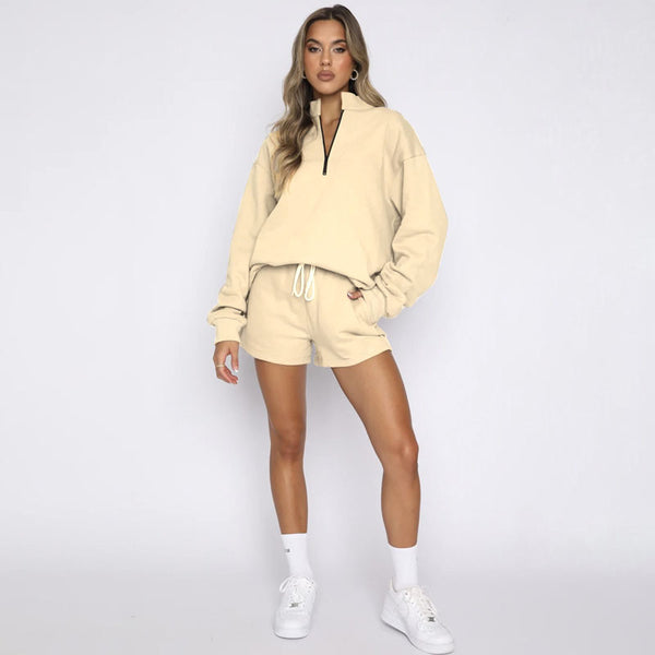 Solid Color Stand Collar Zipper Pullover Long Sleeve Sweater Women Shorts Set