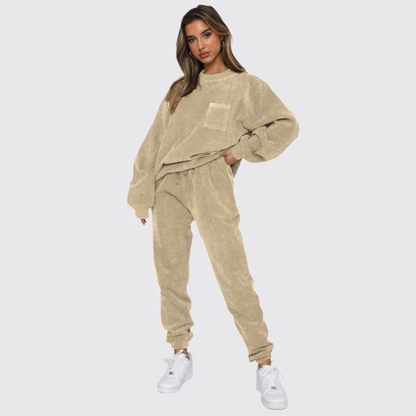 Corduroy Solid Color round Neck Pullover Long Sleeve Two Piece Set Smart Trousers Suit for Women