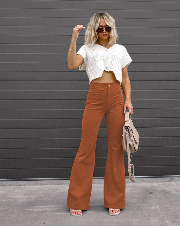 Pure Color Corduroy Elegant Women Trousers Bootcut Trousers High Waist Casual Pants