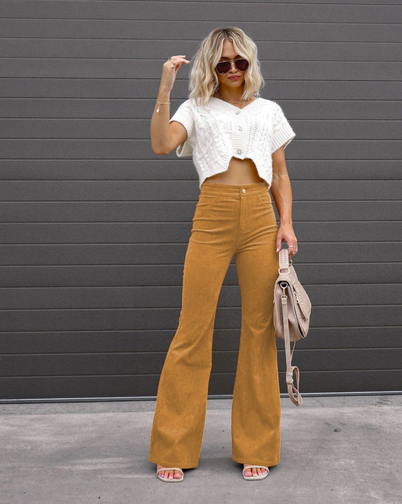 Pure Color Corduroy Elegant Women Trousers Bootcut Trousers High Waist Casual Pants