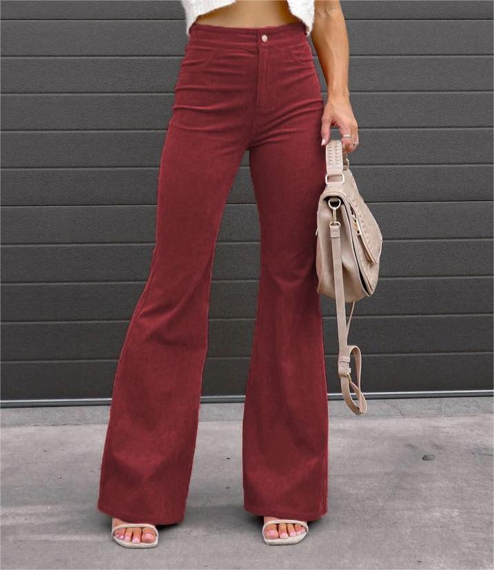 Pure Color Corduroy Elegant Women Trousers Bootcut Trousers High Waist Casual Pants