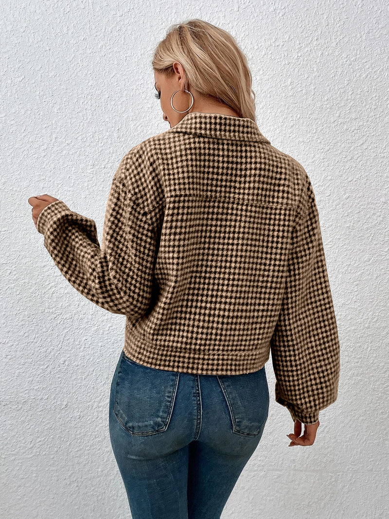 Collared Single Breasted Houndstooth Jacquard Jacket Office Coat