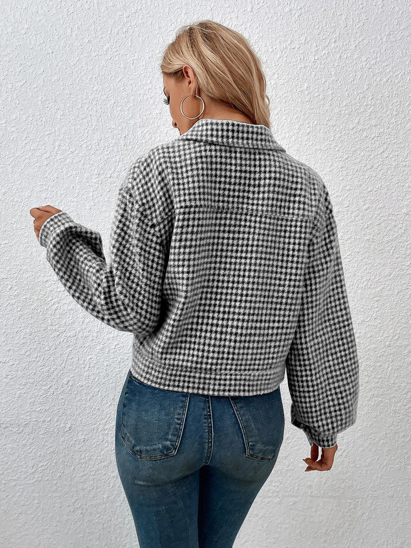 Collared Single Breasted Houndstooth Jacquard Jacket Office Coat