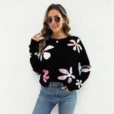 Women Jacquard Contrast Color Floral Sweater O neck Short All Match Casual Pullover Sweater