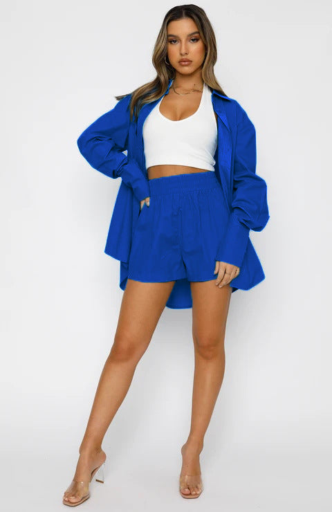 Solid Color Casual Loose Lapel Long Sleeves Shirt High Waist Shorts Two-Piece Set