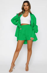 Solid Color Casual Loose Lapel Long Sleeves Shirt High Waist Shorts Two-Piece Set