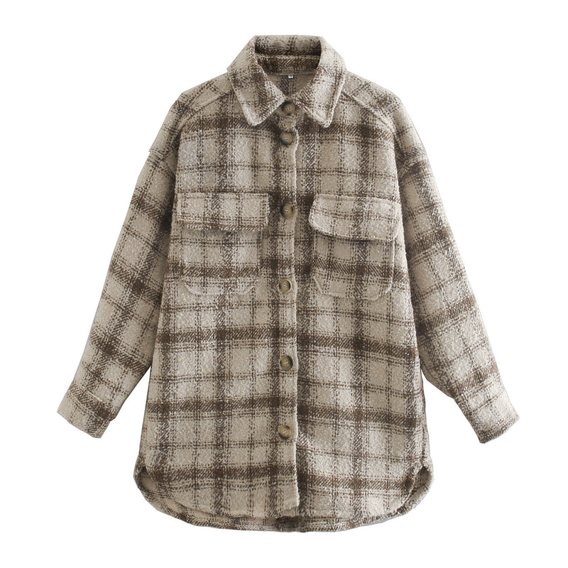 Plaid Woolen Loose Lapels Two-Color Coat for Women