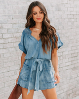 Ladies Summer Women Denim Washed Worn Loose Jumpsuit