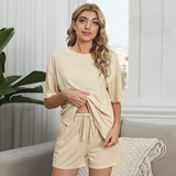 Women Rib Sunken Stripe Pajamas Solid Color Short Sleeve Home Wear Suit