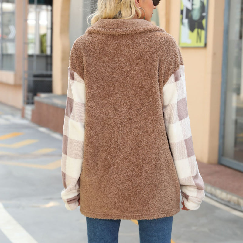 Women Coat Plush Coat Lapel Long Sleeve Plush Stitching Flannel Plaid Long Shirt