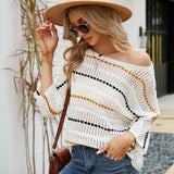 Loose Women Top Striped Knitwear off-Neck Hollow Out Hollow Out Cutout-out Knitted Blouse