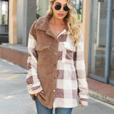 Women Coat Plush Coat Lapel Long Sleeve Plush Stitching Flannel Plaid Long Shirt