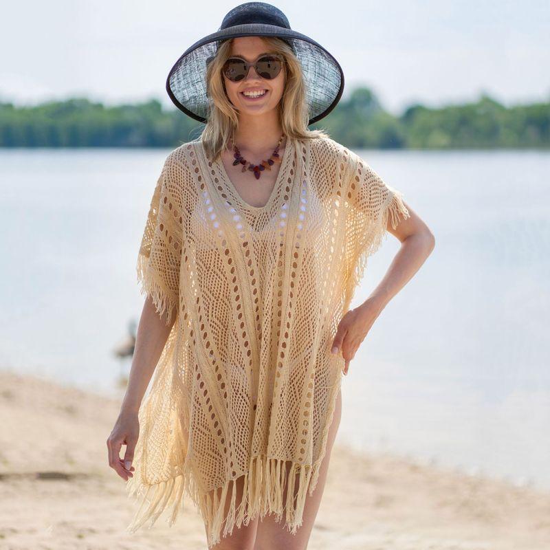 Apricot Color Knitted Beach Cover-up Sexy Tassel Hollow Out Cutout Holiday Sun Protection Shirt Bikini Cover