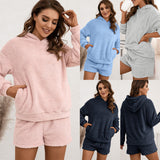 Plush Hooded Sweater Set Casual Homewear Double-Sided Plush Two-Piece Set for Women