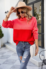 Women Contrast Color Turtleneck Knitwear Women Color-Block Crew Neck Sweater