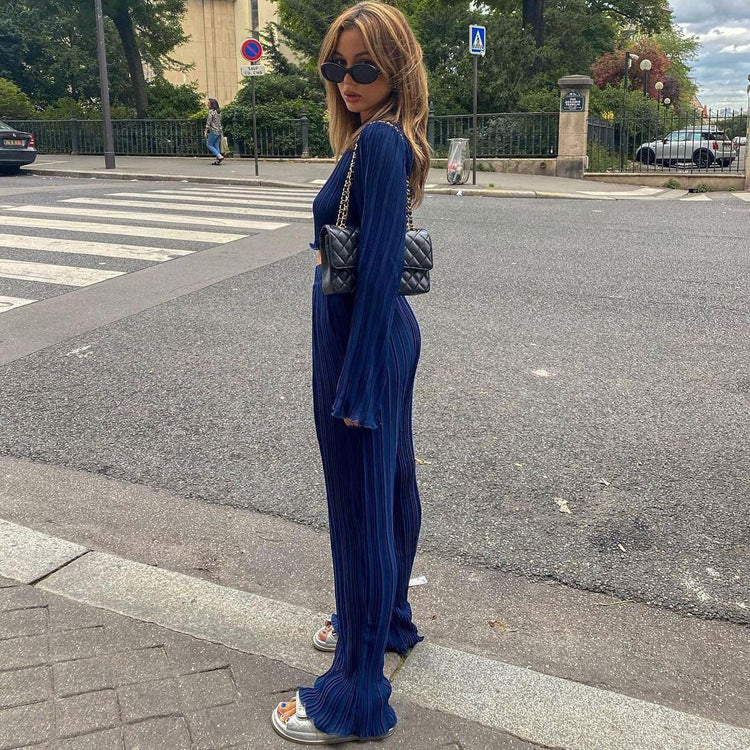 Style Early Chanel Style Long Sleeve T-shirt Two Piece Slim Blue Pleated Wide Leg Trousers Suit