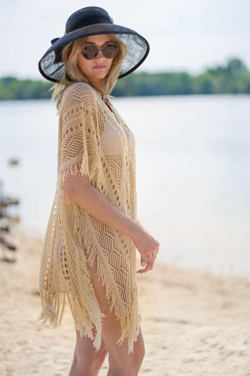 Apricot Color Knitted Beach Cover-up Sexy Tassel Hollow Out Cutout Holiday Sun Protection Shirt Bikini Cover