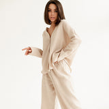 Double Layer Crepe V-neck French Loose Comfortable Long Sleeve Women  Cotton Linen Homewear Set