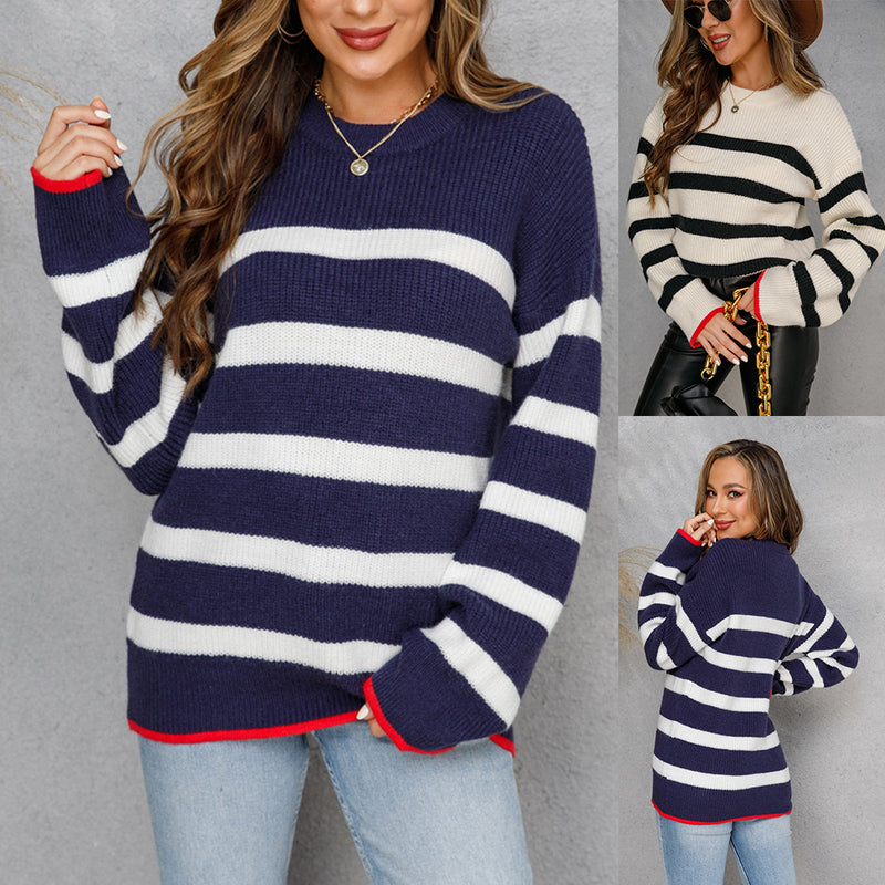 Sweater Patchwork Stripes Sweater Pullover round Neck Sweater for Women