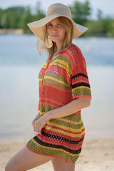 Knitted Color Stripes Beach Cover-up Sexy Hollow Out Cutout Vacation Sun Protection Shirt Bikini Swimsuit Blouse