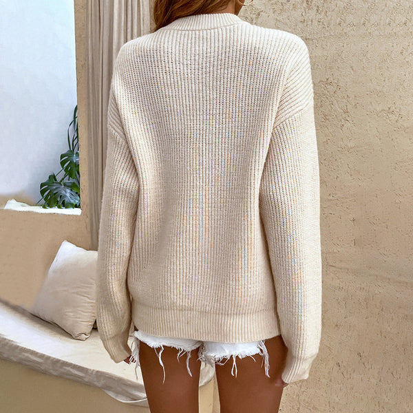 Solid Color Buttons Pullover Sweater Women round Neck Sweater Top