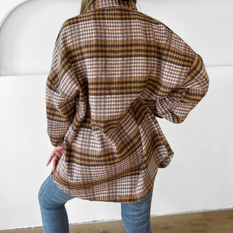 Women Clothing Plaid Shirt Collared Bat Sleeve Coat