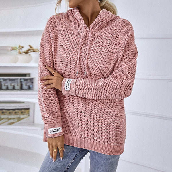 Solid Color Pullover Women Knitwear Hooded Drawstring Sweater Women