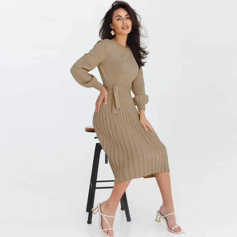 Women Autumn Winter Knitting Dress Slim-Fit Pleated Mid-Length Bottoming Sweater Skirt