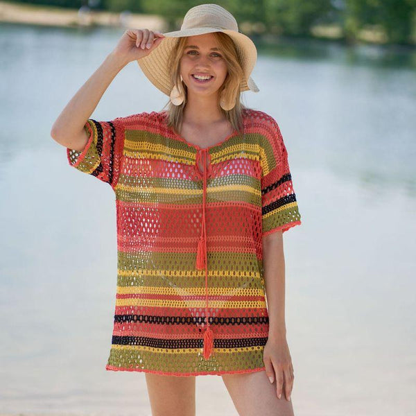 Knitted Color Stripes Beach Cover-up Sexy Hollow Out Cutout Vacation Sun Protection Shirt Bikini Swimsuit Blouse