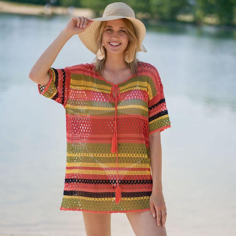 Knitted Color Stripes Beach Cover-up Sexy Hollow Out Cutout Vacation Sun Protection Shirt Bikini Swimsuit Blouse