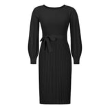 Women Autumn Winter Knitting Dress Slim-Fit Pleated Mid-Length Bottoming Sweater Skirt