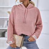 Solid Color Pullover Women Knitwear Hooded Drawstring Sweater Women