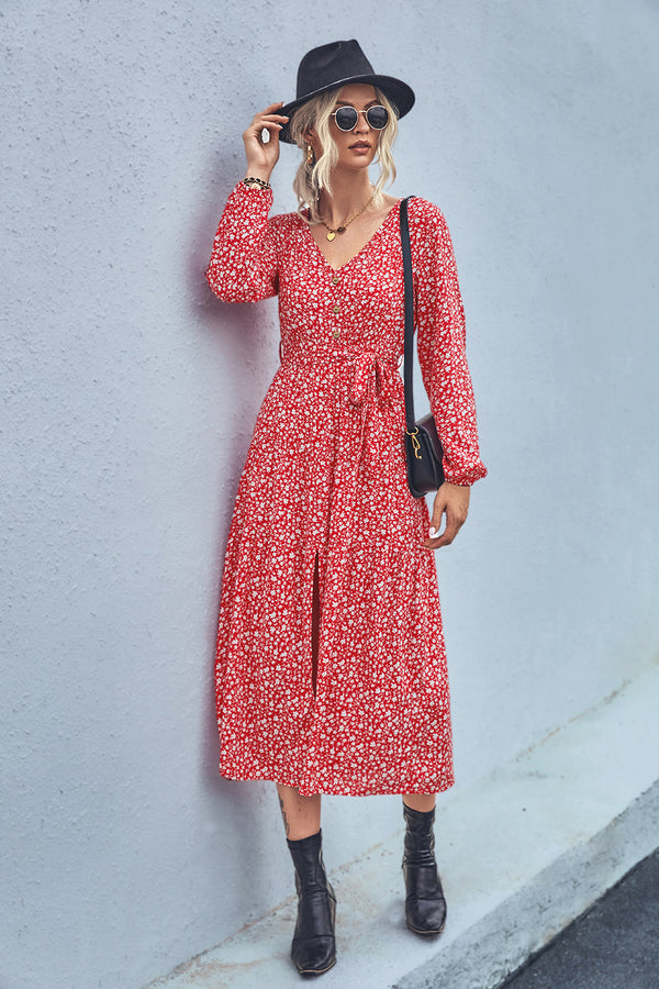 Women Clothing V neck Floral Long Sleeve Split Maxi Dress