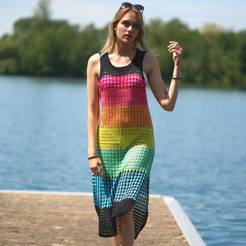 Knitted Rainbow Bar Beach Cover-up Sexy Strap Dress Vacation Skirt Bikini Blouse